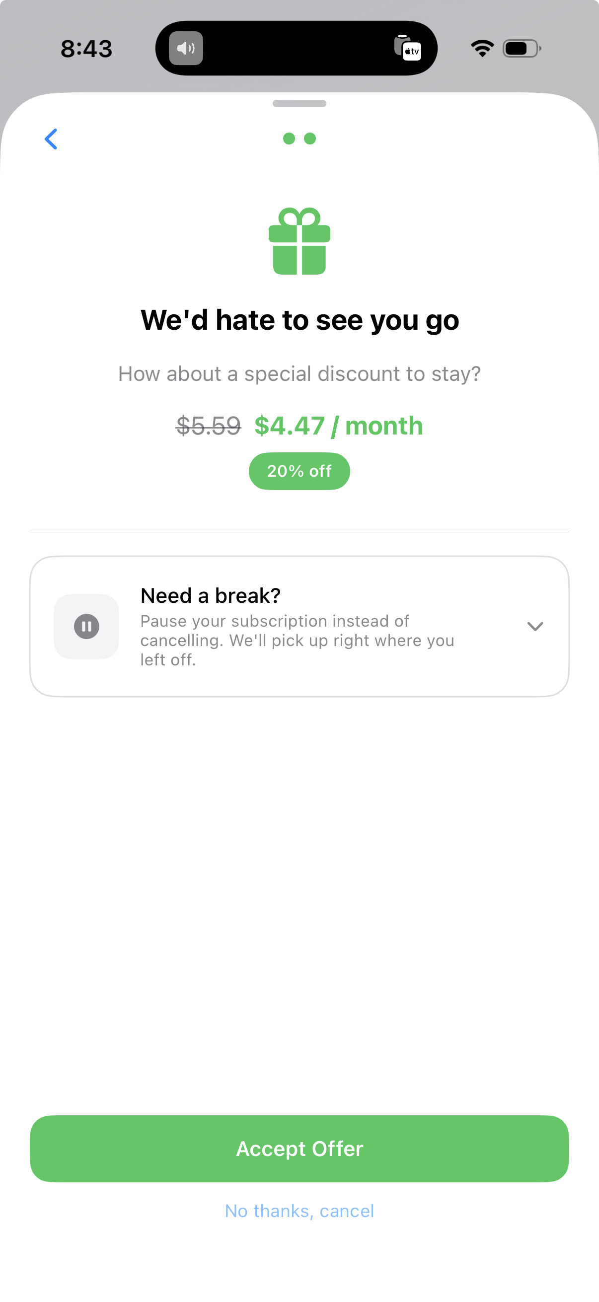 Save the Sale cancel flow — discount and pause offers shown on iOS