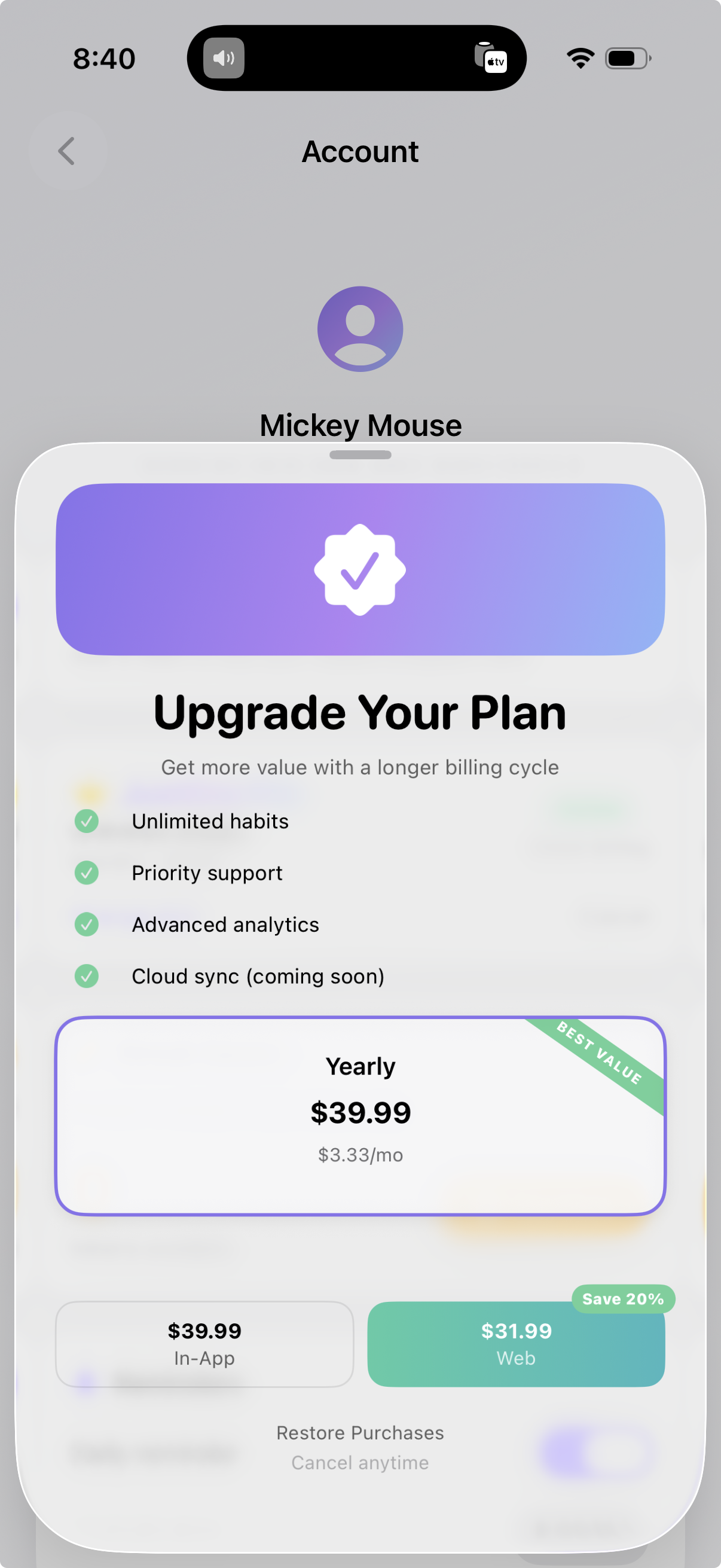 Upgrade & Save offer — proration shown on iOS upgrade prompt
